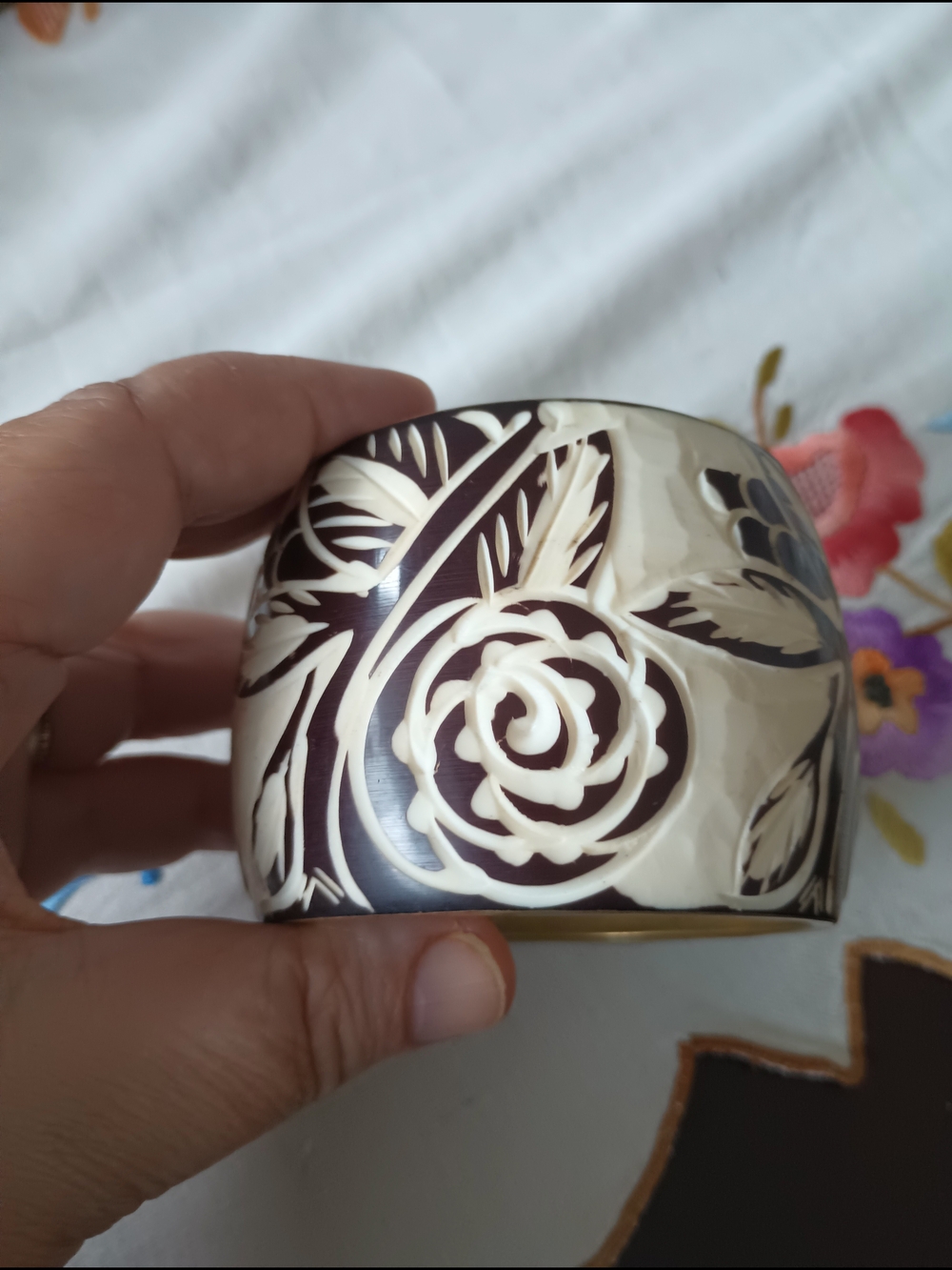 Hand-Carved Floral Resin Cuff Bracelet in Cream and Deep Plum